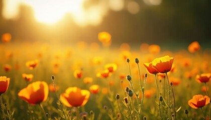 Obraz premium Glowing yellow poppies fill serene field bathed in golden sunlight. Tranquil landscape evokes peace, calmness. Beautiful springtime scene. Nature beauty. Perfect for inspiring serenity peaceful mood.