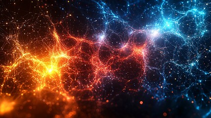 Obraz premium Abstract fiery and icy energy network, glowing particles and lines in dark space.