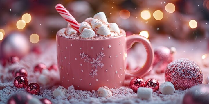 Hot drink with marshmallows and candy cane in mug. Fir cones, spices in the background. Cozy seasonal holidays
