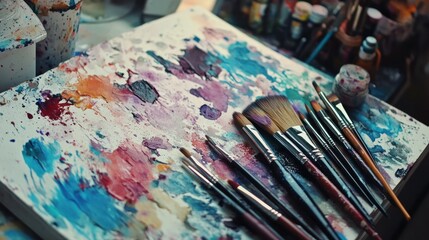 Fototapeta premium Paintbrushes and palette with colorful paint splatters.