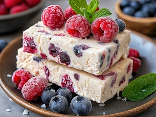 A plate of ice cream with blueberries and raspberries on top