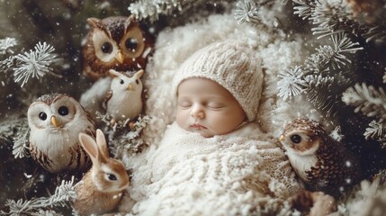 Obraz premium Peaceful newborn baby nestled amongst snowy Christmas decorations featuring owls and rabbits.