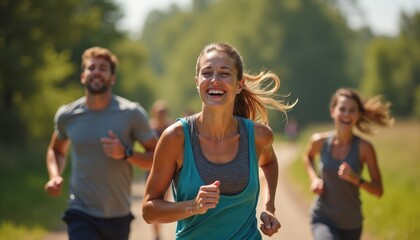 Fototapeta premium Group of people jogging outdoors in nature. Happy woman smiles while running. Active lifestyle concept. Scenic natural environment. Sunny day. Health and fitness theme.