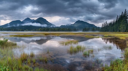Serene Landscape with Mountains, Fog, and Tranquil Water Reflection