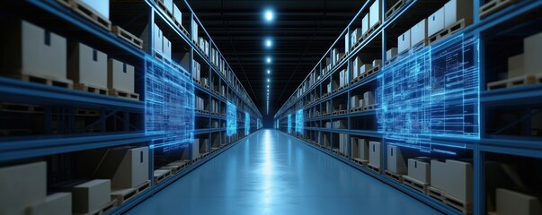 Futuristic warehouse corridor shows tech innovation. Blue digital data projections light up shelves. Boxes on pallets fill space. Modern tech in logistics. AI system present. Warehouse optimized.
