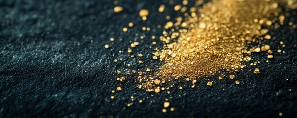 Fototapeta premium Gold dust particles scattered on a dark surface, glowing softly, representing subtle elegance and rich texture .