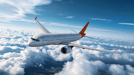 A commercial airplane flying above the clouds, with a blue sky in the background