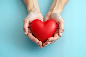 Obraz premium Two hands gently cradle a vibrant red heart against a calming blue background, symbolizing love and care.