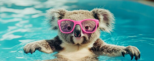 Fototapeta premium Funny koala wearing pink sunglasses in a pool.