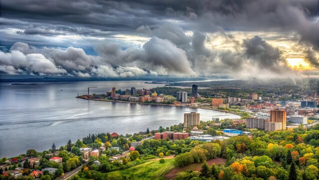 Dramatic gray sky over Duluth cityscape and lake with misty veil surrounding Enger Park landscape