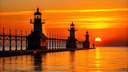 Lighthouse silhouettes against a warm orange glow on the St. Joseph Lake Michigan shoreline at dusk, beach, lake