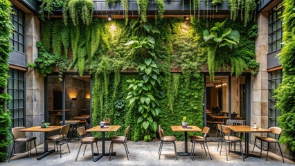 Fototapeta premium A lush carpet of ivy and ferns covers a concrete facade in a cozy cafe setting , concrete, wall, vines, ivy, plants, foliage, natural