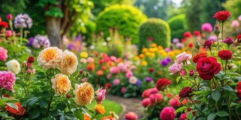 Obraz premium Roses in a vibrant garden with diverse colorful flowers and lush greenery, roses