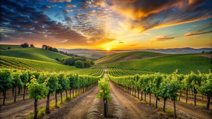 Fototapeta premium vineyard in rolling hills at sunset with grapevines stretching towards the sky