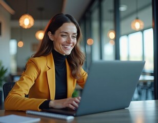 Happy business woman uses laptop in cafe. Woman wearing yellow blazer, black top. Smiling, looking at laptop screen. Modern work environment. Pro woman. Positive energy. Techy lifestyle. Modern