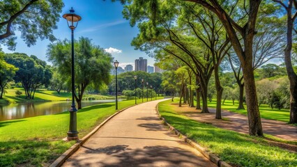 Fototapeta premium Walking paths in Ibirapuera park, photography of walking trails, pathways, scenic views, park landscape, urban jungle