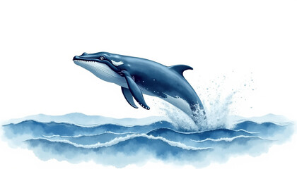Obraz premium Illustration of humpback whale breaching the water in a dynamic splash against a white background