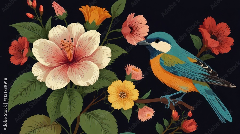 Wall mural Vibrant bird perched on blooming hibiscus and wildflowers against a dark background.