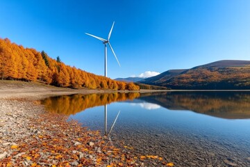 Obraz premium A wind turbine reflected in a clear pond, surrounded by autumnal trees with orange and yellow leaves