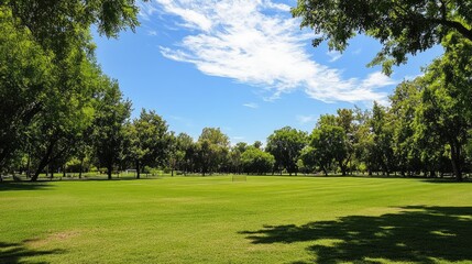 Lush Green Park Under Blue Sky with Fluffy Clouds and Trees