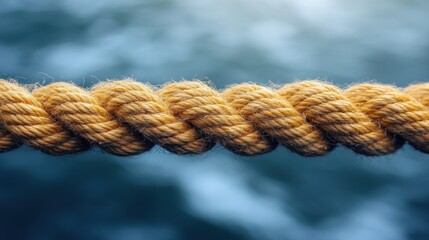 Fototapeta premium A close-up of twisted yellow rope against a blurred water background.