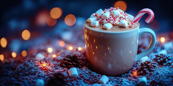Hot drink with marshmallows and candy cane in mug. Fir cones, spices in the background. Cozy seasonal holidays