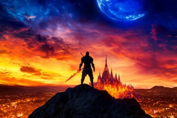 Obraz premium An epic fantasy scene of a hero wielding a flaming sword, standing on a rocky peak overlooking a massive, glowing magical castle in the distance