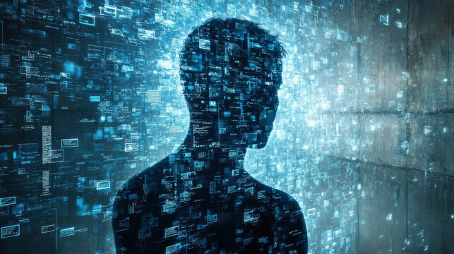 human figure in front of a digital mirror, with their digital reflection showing locked away data files
