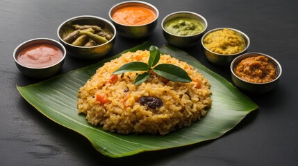 Delicious Indian Rice Dish with Assorted Chutneys on Leaf Plate