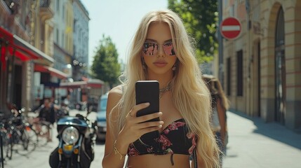 Obraz premium Woman in Sunglasses Using Smartphone on City Street in Summer