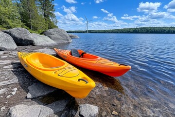 Wind turbines in a serene lake setting with colorful kayaks floating nearby