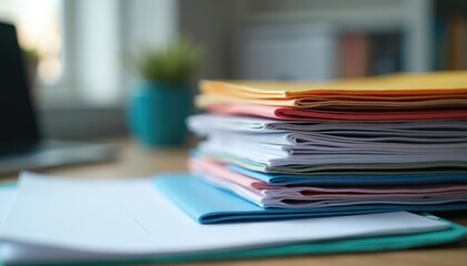 Colorful folders stack high with documents. Organized papers show attention to details in office. Busy business environment implied. Documents neatly arranged on desk. Organized papers symbol of