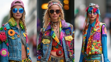Fashion models showcasing vibrant, colorful, embellished denim jackets and accessories.