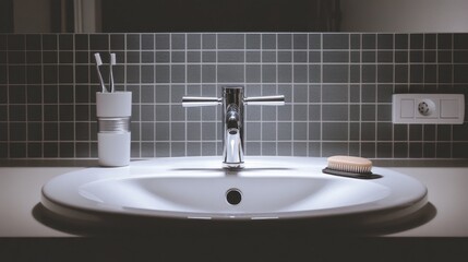Fototapeta premium Sleek White Ceramic Sink with Polished Chrome Faucet