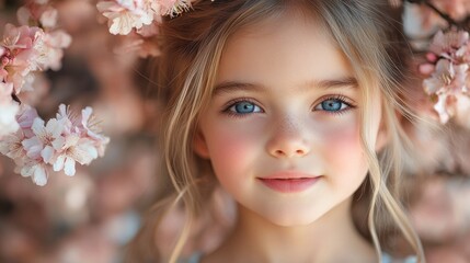 Fototapeta premium A close-up portrait of a girl surrounded by cherry blossoms, radiating joy and innocence.