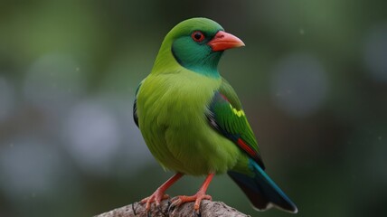 Green bird with red beak perched on branch. (4)