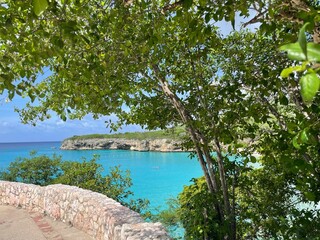 View of tropical  lagoon behind the trees in Curacao Grote Knip Beach