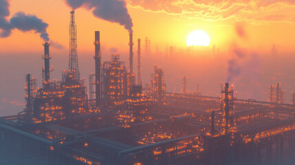 Fototapeta premium Large Oil Refinery with Industrial Pipes at Sunset: A Cinematic Industrial Landscape
