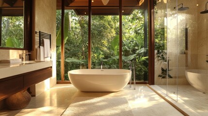 Fototapeta premium Spacious Bathroom with White Ceramic Bathtub
