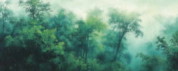 Obraz premium Lush Green Trees Emerging from Dense Mist, ethereal forest scene.
