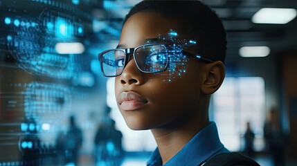 Young Boy Wearing Glasses with Digital Overlay in a Modern Setting