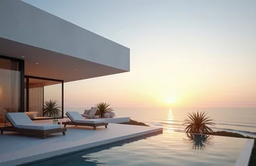 Modern villa terrace with ocean view at sunrise. Stylish minimalist design. Relaxing outdoor space with pool. Sunrise colors reflected in pool water. Peaceful morning scene. Tranquil setting. Perfect