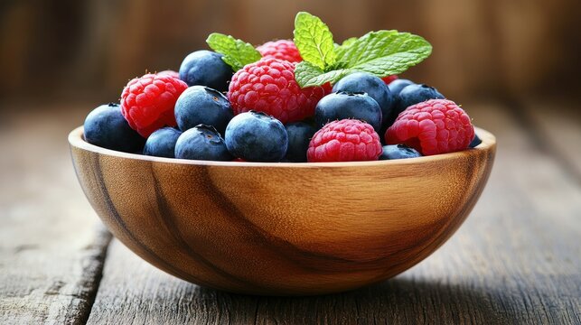 Fresh Blueberries and Raspberries in Wooden Bowl on Rustic Table