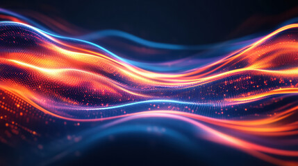 Abstract background with colorful light waves, flowing in dark blue and orange hues, high-speed photography