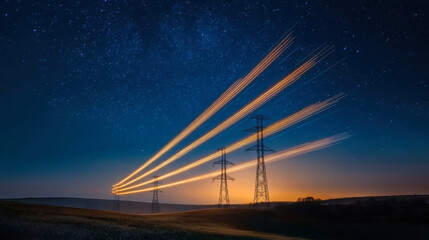 Fototapeta premium Electricity transmission towers with orange glowing wires the starry night sky