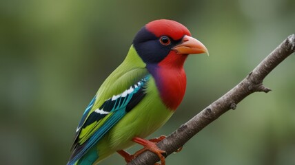 Obraz premium Vibrant red-headed bird perched on branch.