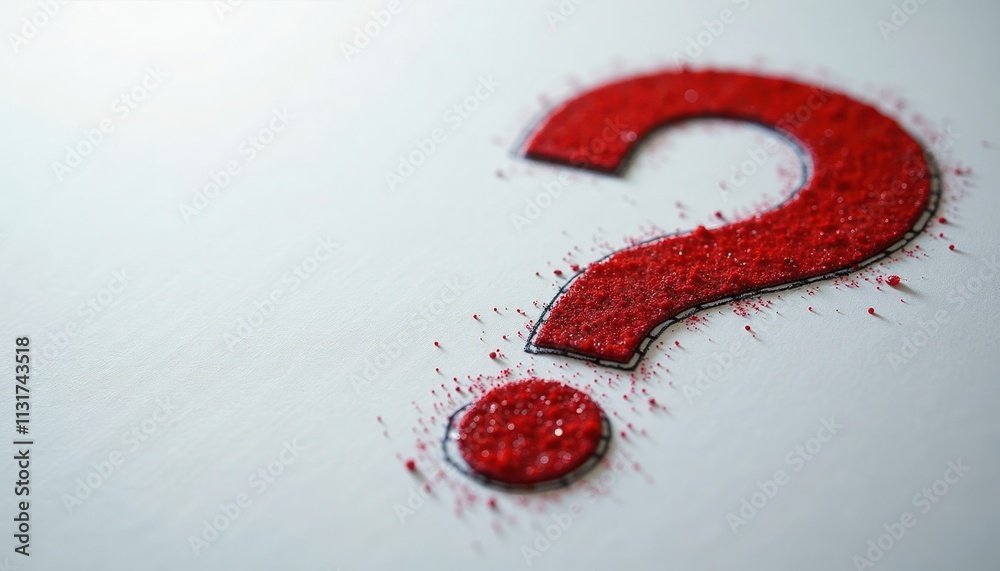 Aufkleber Red question mark drawing on white background. Red particles form question mark shape. Simple design. Minimalist art piece. Visual representation of question mark. Abstract illustration. Intriguing,