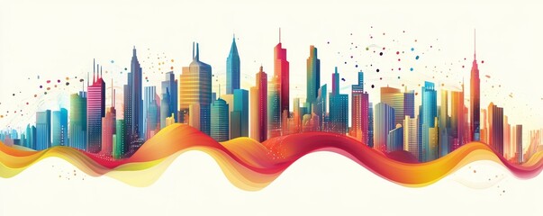 Obraz premium Peak energy optimization concept. Futuristic city skyline with colorful skyscrapers and digital elements