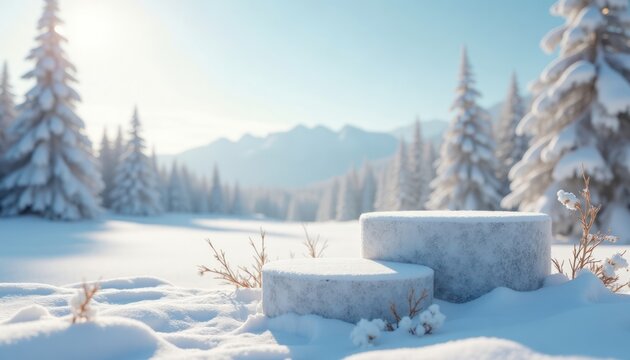 Snowy winter scene shows empty podiums on pristine snow. Beautiful winter landscape with snow covered trees, mountains in background. Blank platform for cosmetic products presentation in fashion ad.