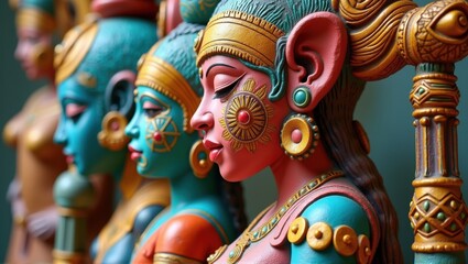Fototapeta premium A colorful and detailed sculpture featuring a diverse group of human and animal figures, showcasing traditional folk art and storytelling. Generative, AI,